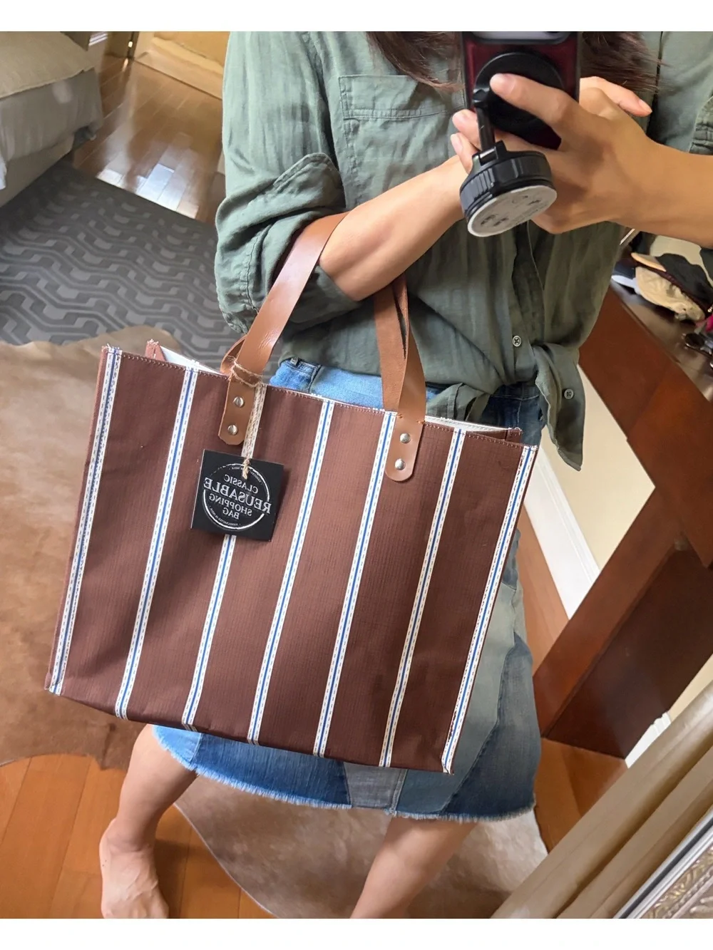 Anthropologie Brown Striped Reusable Shopping Tote handmade by India